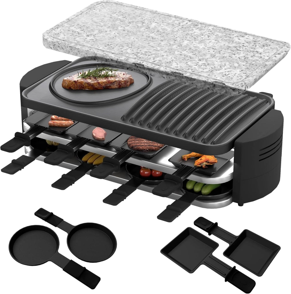 Raclette - Griglia per raclette per 8 persone, 1600 W, con 14 padelle, piastra in granito e piastra antiaderente, griglia elettrica da tavolo, per feste, griglia elettrica, regolazione della