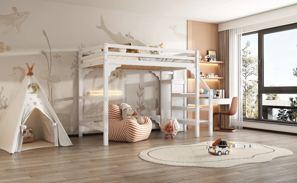 DESMIU Letto a soppalco 140 × 200 cm 2 posti con armadio, scala contenitore, senza materasso, bianco