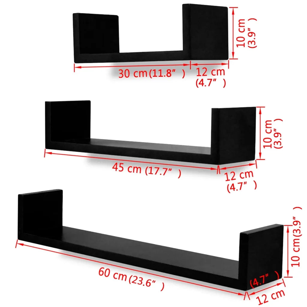 Mensole a Parete 3 pz Nere in MDF a U per Libri/DVD 242175