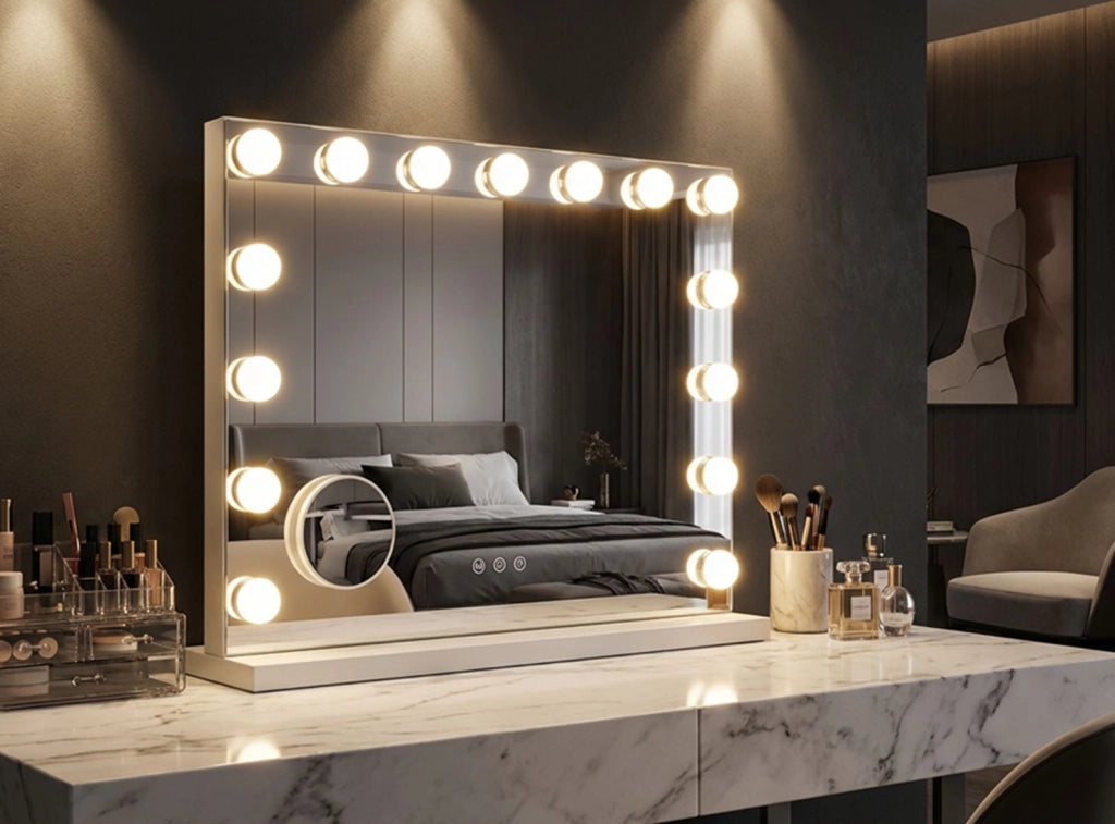 Specchio da Tavolo Hollywood 55x14x43 cm in Ferro e Specchio Bianco