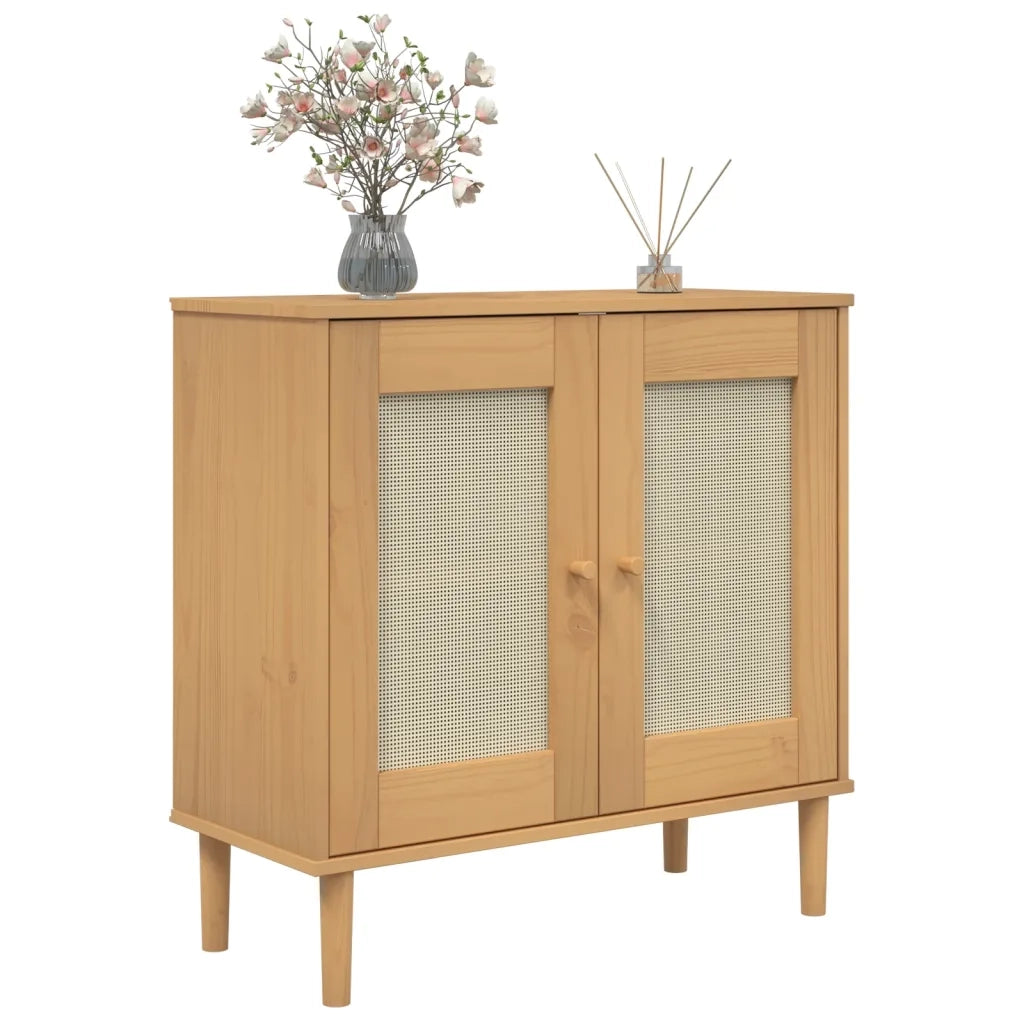 Credenza | Madia | Buffet da pranzo | Armadio da pranzo SENJA Aspetto Rattan Marrone 80x35x80 cm Massello Pino