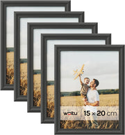 Cornice per Foto 15x20 cm Set di 5 Cornice da Parete e Tavolo, Portafoto in Legno Massello e Pannello in Plastica, Collage Foto, Nero