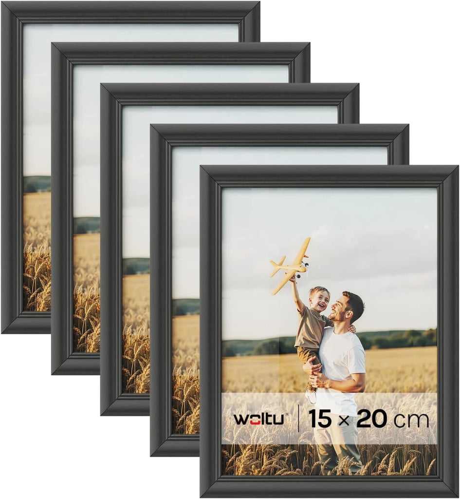 Cornice per Foto 15x20 cm Set di 5 Cornice da Parete e Tavolo, Portafoto in Legno Massello e Pannello in Plastica, Collage Foto, Nero