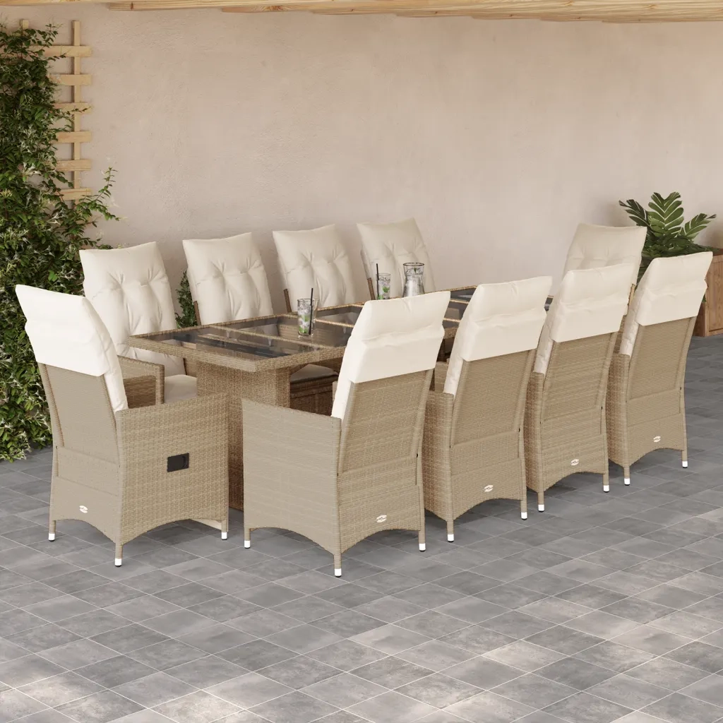 Set BistrÃ² da Giardino 11 pz con Cuscini in Polyrattan Beige