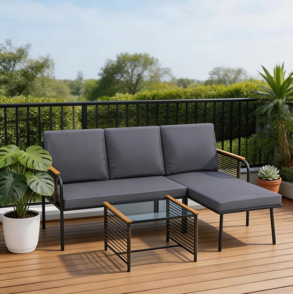 Set di 3 mobili da giardino in Pplyrattan per 3 persone, con tavolino e cuscino, per giardino, balcone e terrazza, colore: nero