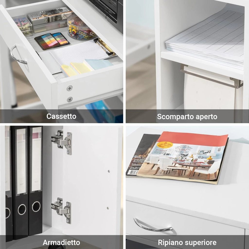 Cassettiera Ufficio Cassettiera Scrivania con Ruote Porta Stampante Schedario da Ufficio con Cassetto, Anta e Ripiani Tavolino Salvaspazio Bianco 50x40x75cm FBT106-W