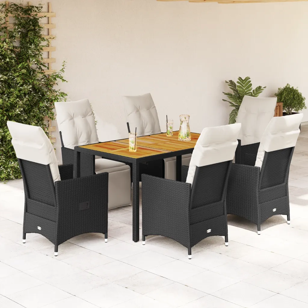 Set da Pranzo da Giardino 7 pz Nero con Cuscini in Polyrattan 3276858