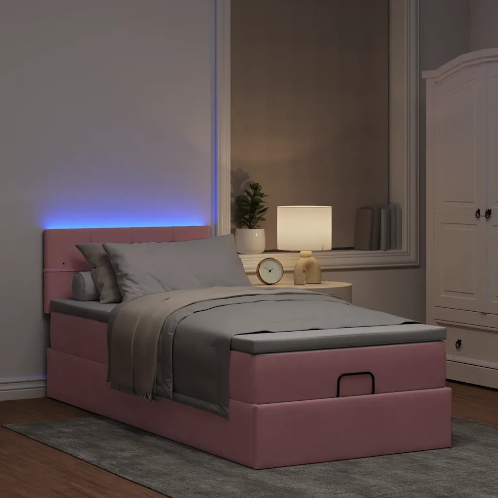 Pouf Letto con Materasso e LED Rosa 80x200cm in Velluto