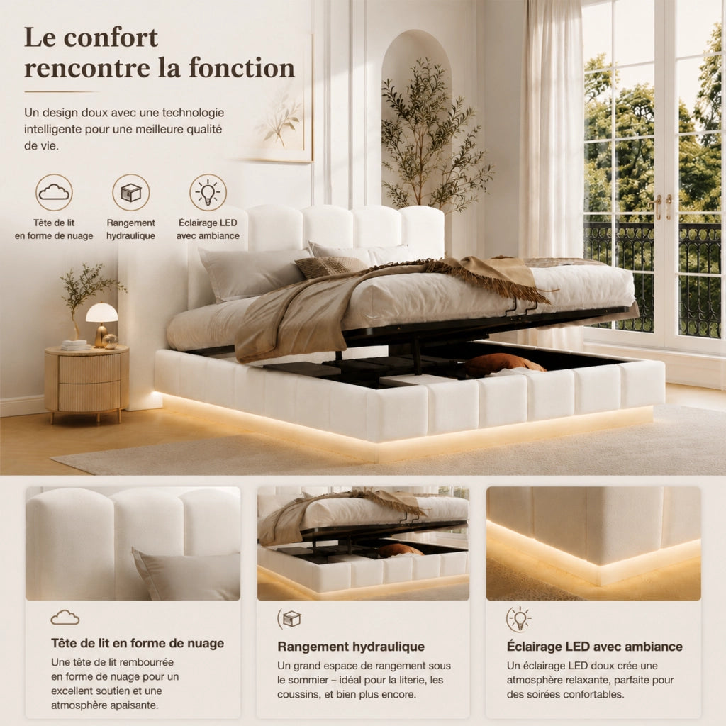 Letto capitonné con illuminazione LED e vano idraulico LEMONMAX; 180x200 cm; testiera imbottita; sommier a doghe; bianco