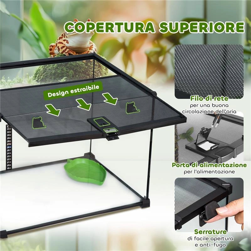 TERRARIO PER RETTILI RIALZATO CON SERRATURA E TERMOMETRO, IN VETRO E RETE METALLICA, 50X30X35 CM, NERO