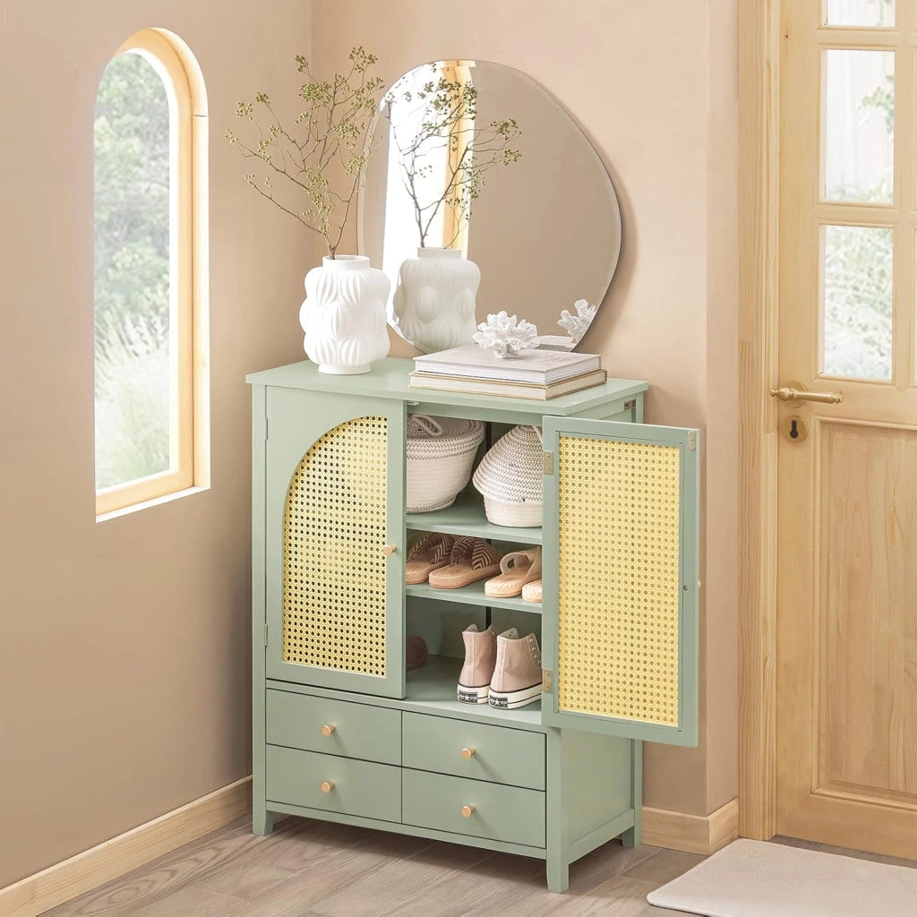 Credenza Cucina Mobile Ingresso Salvaspazio – Mobiletto con Ante a Traliccio e Ripiani Regolabili – Stile Moderno per Soggiorno o Ingresso – Verde, 70x34x90cm, 50kg, FSB72-GR