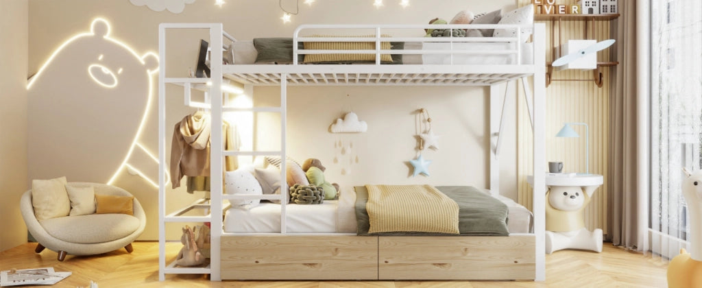 DESMIU Letto a Soppalco 2 Posti con 2 Cassetti, Ripiani e LED Regolabile 140 × 200 cm, Senza Materasso
