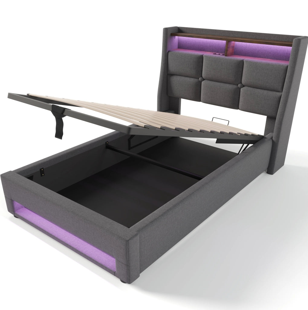 Letto imbottito 90x200 cm con LED e USB; lino grigio (Senza materasso)