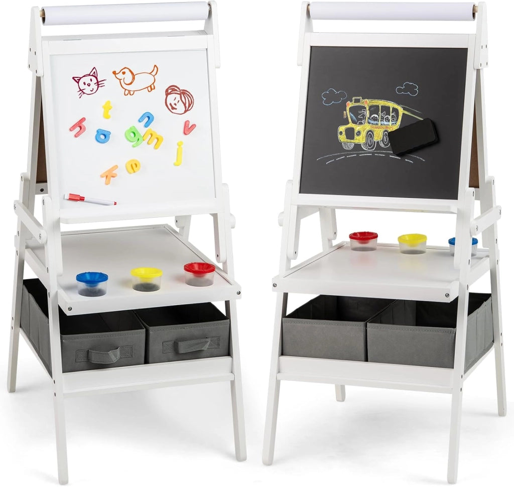 3 in 1 Cavalletto per Bambini, Cavalletto con Doppia Faccia Magnetica e Lavagna Bianca, Rotolo di Carta, 3 Bicchieri per Vernice e 2 Cestini in Tessuto, per Bambini 3-6 Anni (Grigio)