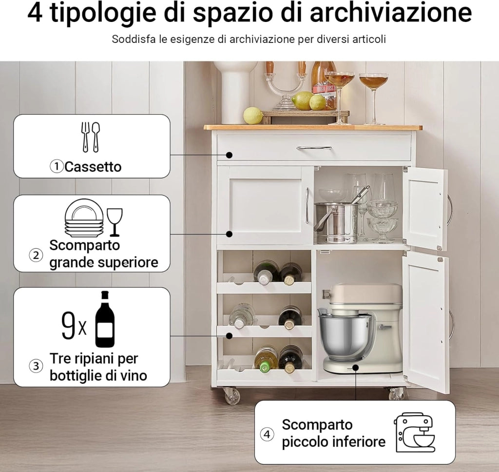 Mobile Cucina Salvaspazio con Ruote Carrello Cucina con Cassetti e Portabottiglie, Mobiletto Credenza credenza cucina per Cucina o Sala da Pranzo, Bianco 67x86x38cm FKW45-WN