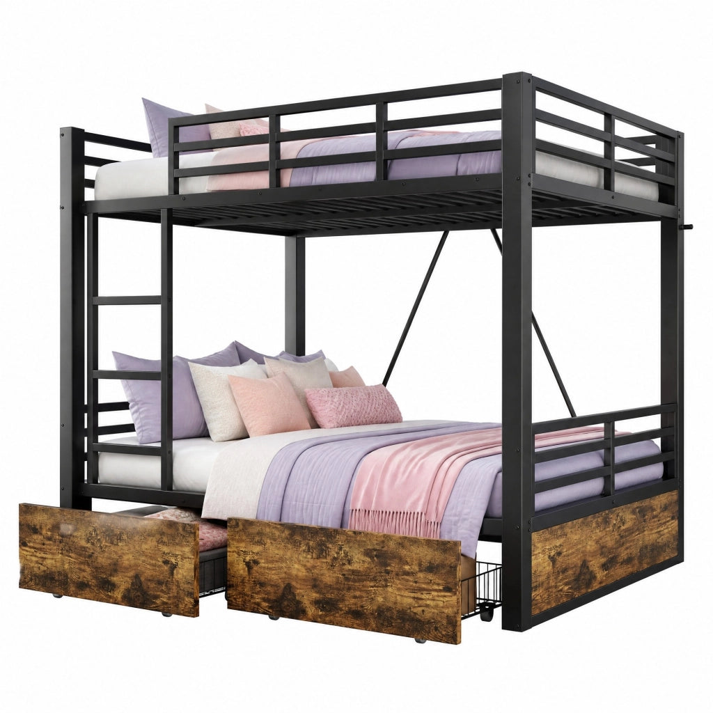 Letto a Castello in Metallo 140x200 cm con Cassetti, Scala e Sponde di Sicurezza, Nero