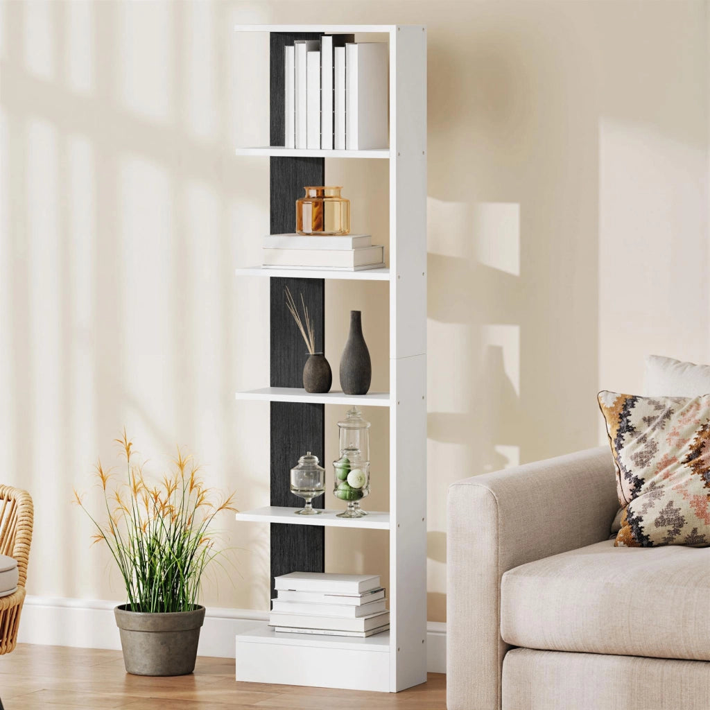Libreria 5 Ripiani in Legno Bianco e Nero Moderna Salvaspazio ¨C zephmum ¨C 45x21x170