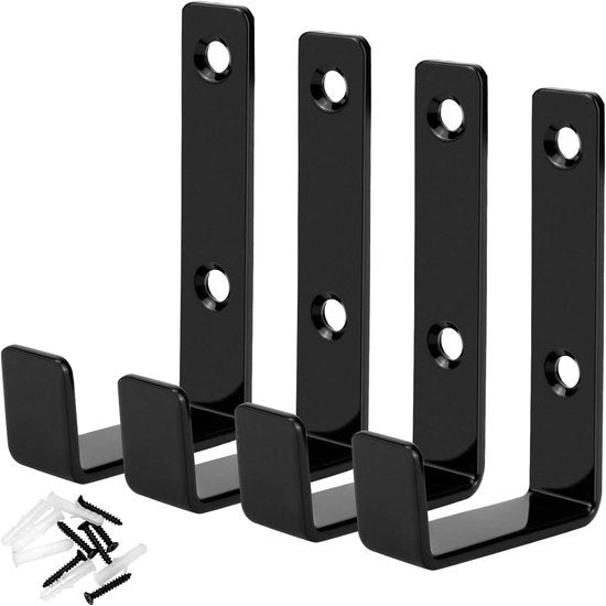 Set di 4 robuste maniglie in acciaio nero per l'appendere cavi, fili e attrezzature sportive (8 x 45 cm) - Maniglie per parete utili