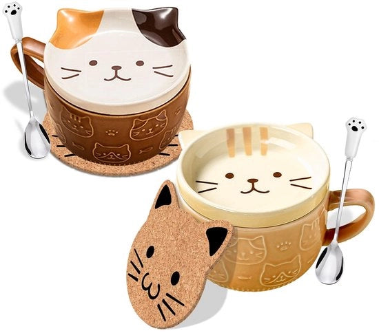 Set di due tazze per caffè in ceramica con coperchi, forma di gatto kawaii, regalo di compleanno per donne, curiosità divertente.
