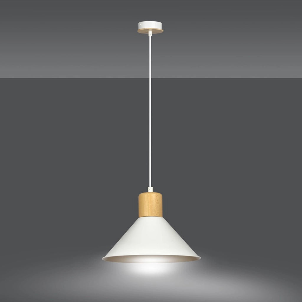 Lampada a sospensione Rowen in acciaio bianco e legno