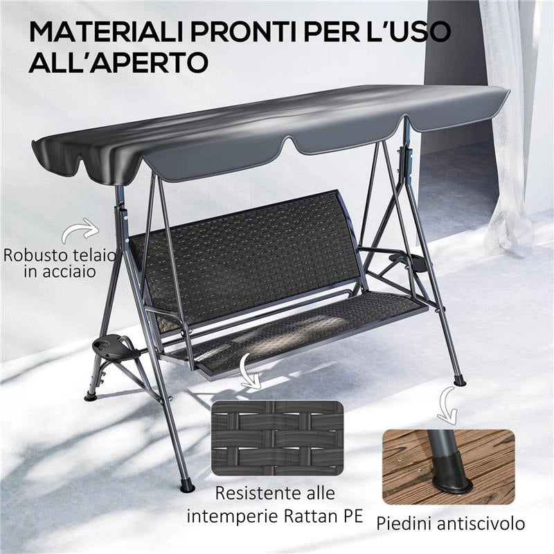 DONDOLO DA GIARDINO 3 POSTI IN RATTAN PE E ACCIAIO CON TETTUCCIO E PORTABICCHIERI, 204X112X150 CM, GRIGIO