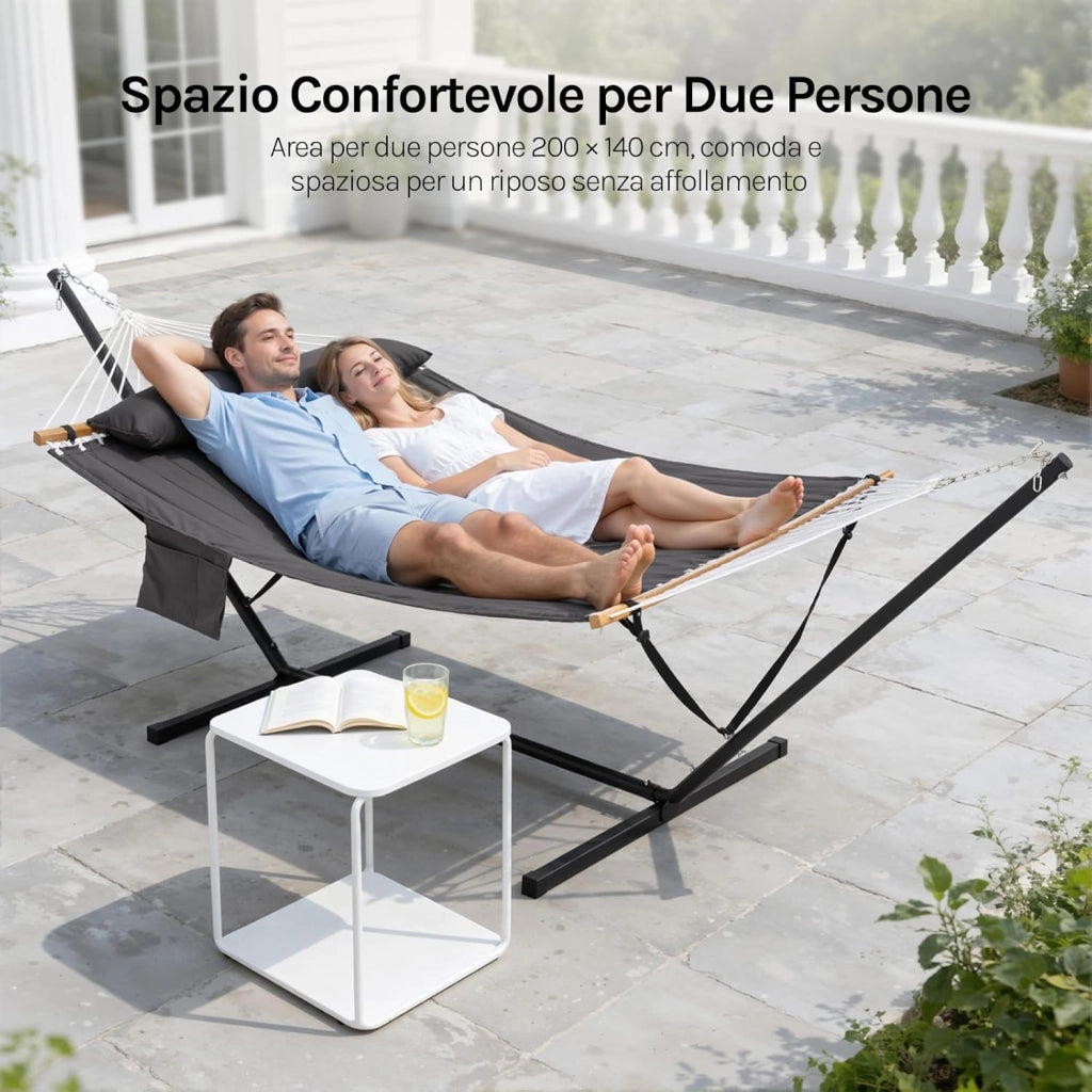 Amaca da Giardino con Supporto, Tasca Laterale e Cuscino, Capacità di Carico 250 kg, Ampia Amaca Doppia per Terrazza, Balcone, Campeggio, Grigio Scuro