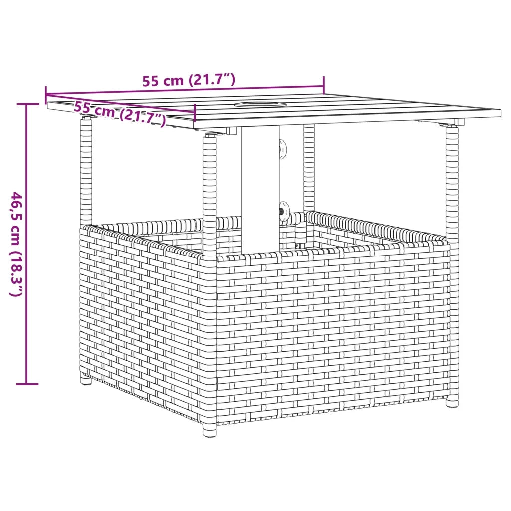 vidaXL Tavolo Giardino Foro Ombrellone Marrone 55x55x46,5cm Polyrattan