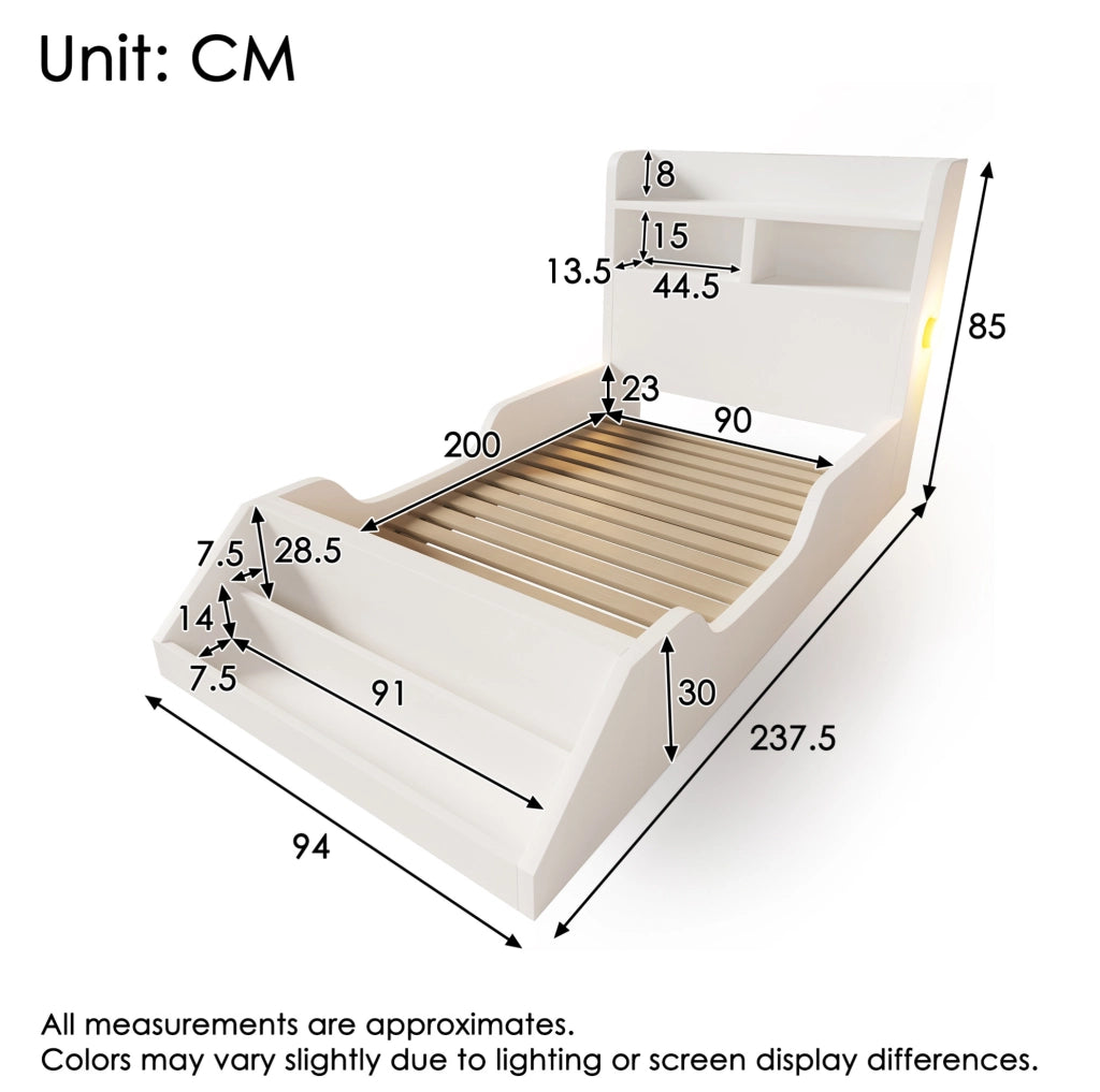 Letto singolo 90x200 cm in legno bianco con luci notturne