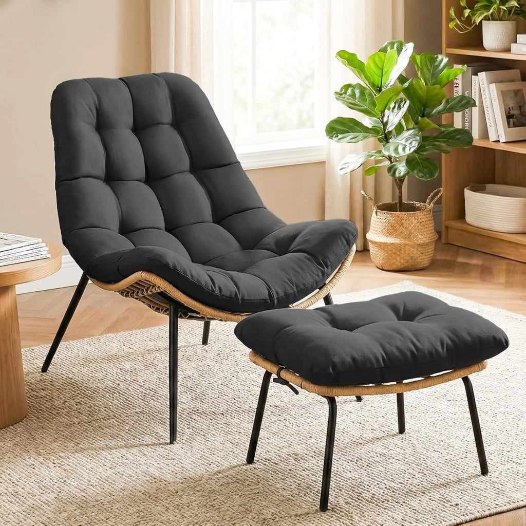 Sedia a sdraio con sgabello, in rattan, resistente alle intemperie, fino a 120 kg, poltrona da balcone con cuscino rimovibile, cuscino impermeabile, per giardino, balcone, soggiorno, cortile