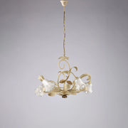Lampadario Arte Povera Cesto Metallo Avorio E Oro 5 Luci E14