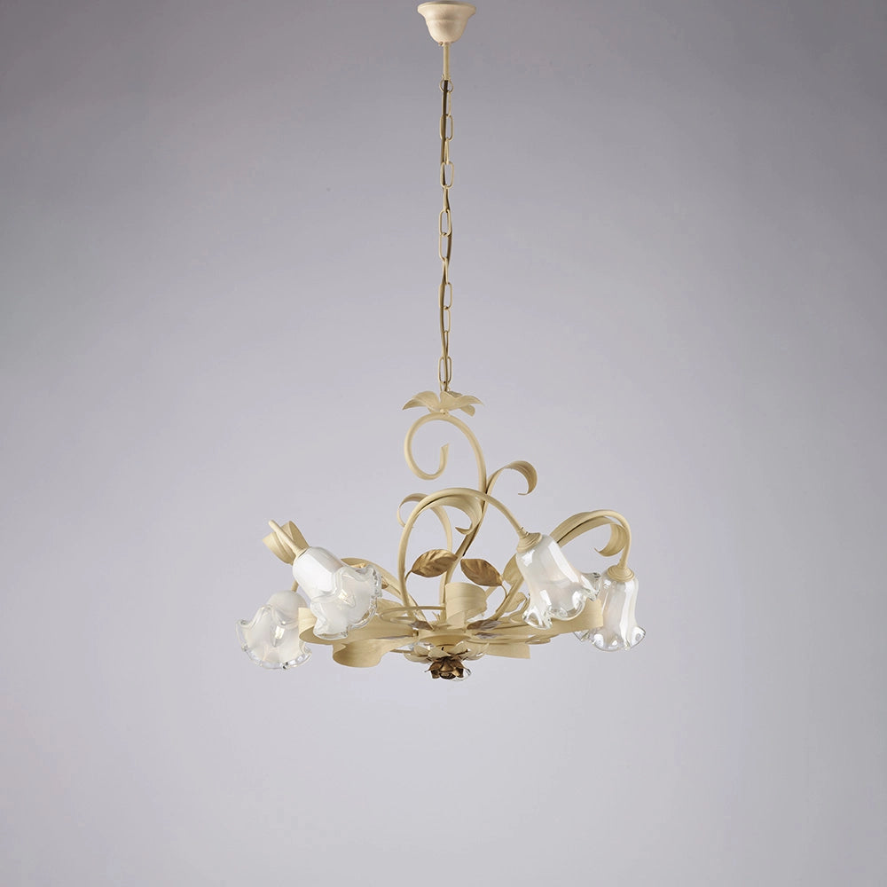 Lampadario Arte Povera Cesto Metallo Avorio E Oro 5 Luci E14