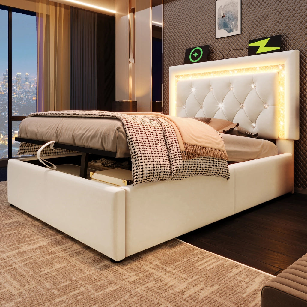 DESMIU Litto semplice 90 × 200 cm con LED, USB e Type-C, vano contenitore idraulico, con materasso, in velluto, beige