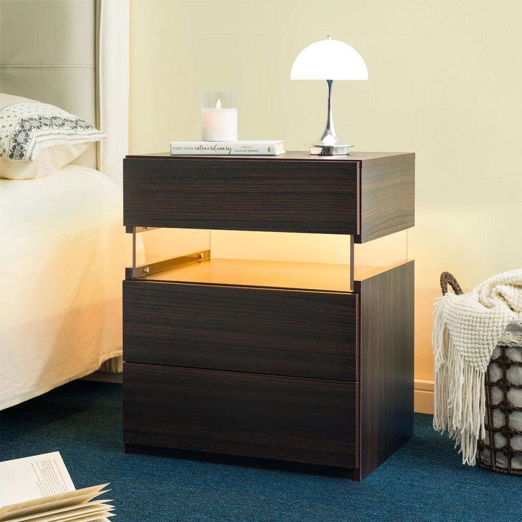 Comodino con LED e pannello in acrilico, 3 cassetti, in legno ingegnerizzato, per camera da letto e soggiorno, noce