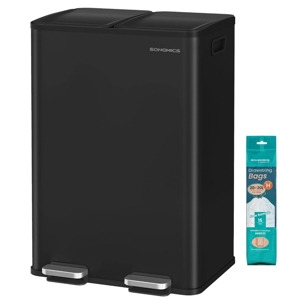 SONGMICS Cestino da Cucina, 2 x 30 L, 2 Scomparti, Pattumiera a Pedale con Coperchio a Chiusura Morbida e Secchio Interno, Acciaio Inossidabile, 15 Sacchi Inclusi, Grigio Ardesia LTB741G01