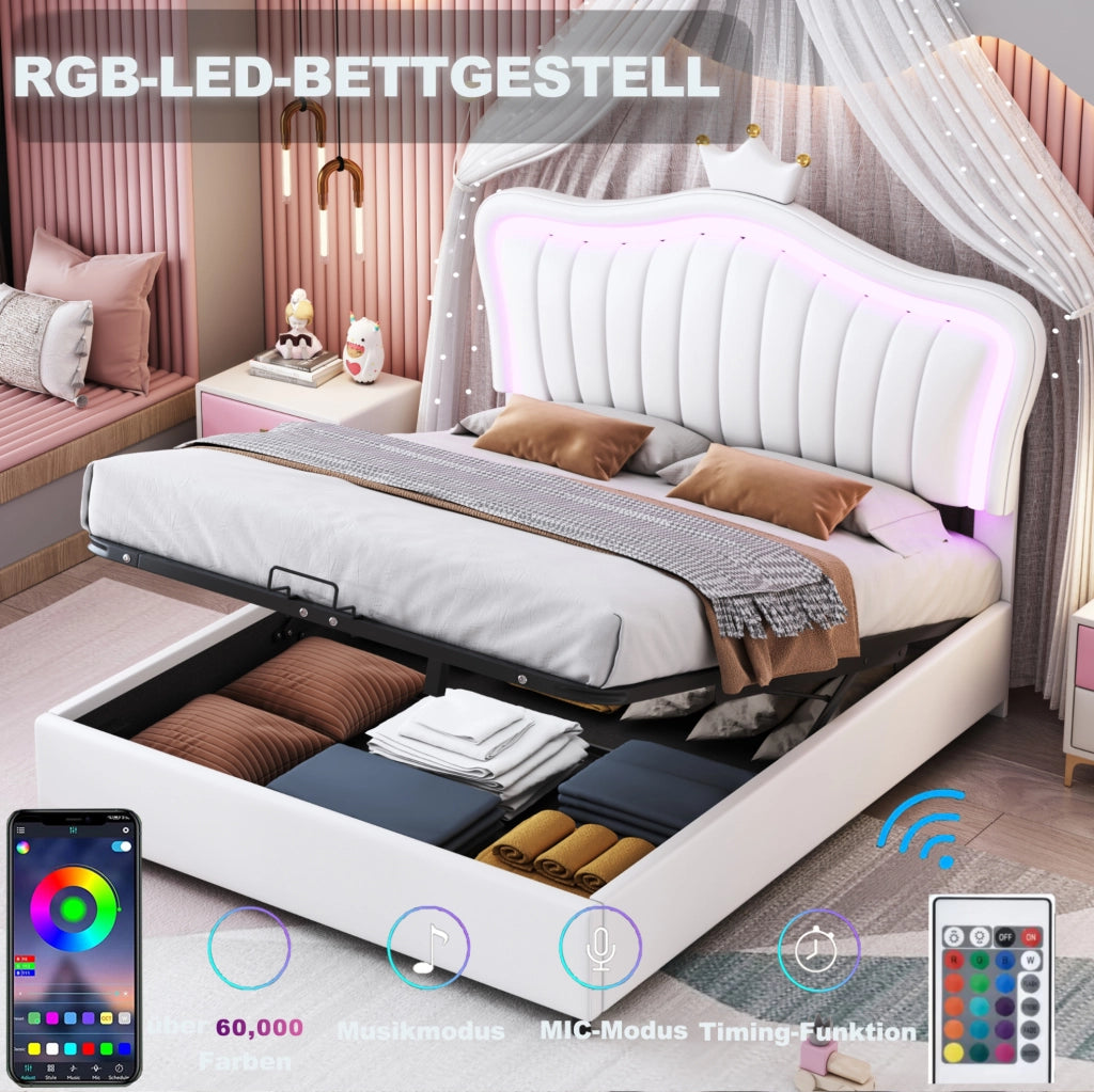 Letto imbottito per bambini 140x200 cm con contenitore; LED e testiera a conchiglia in PU bianco