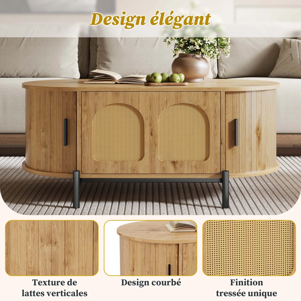 Tavolino da salotto ovale con 3 ante scorrevoli in rattan; vano contenitore; per soggiorno; MDF naturale 100 × 50 × 40 cm