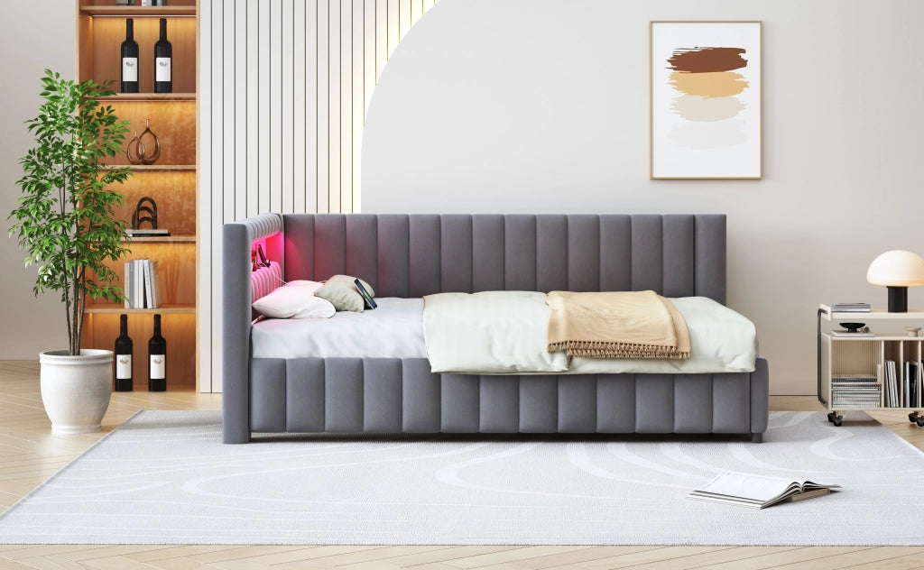 Letto poltrona imbottito in velluto con LED e porta USB grigio 140x200 cm