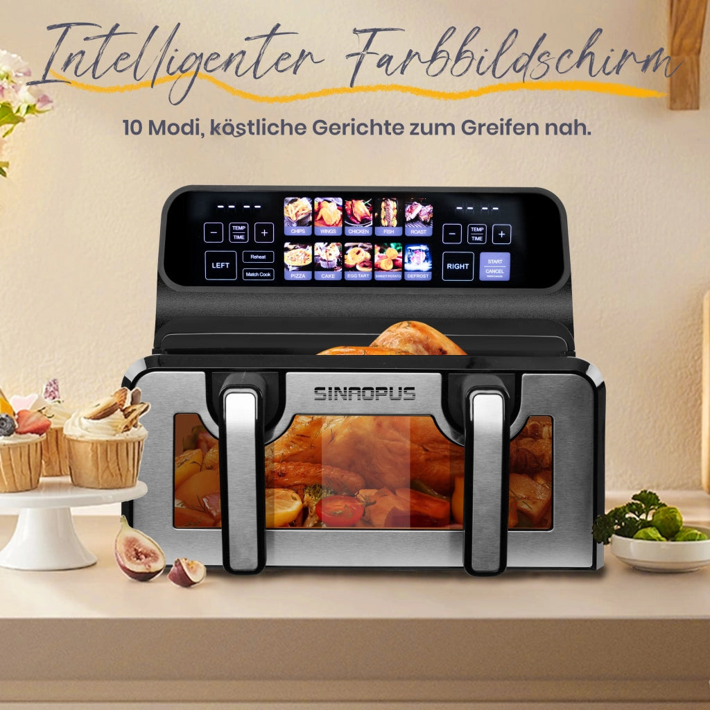 Friggitrice ad aria a doppia camera da 9 litri ¨C Potenza elevata di 2200 W, finestra di visualizzazione, display a LED a colori, cestelli singoli e do