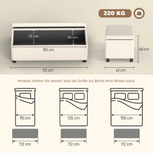 Panca contenitore in tessuto effetto corda con seduta imbottita e spazio interno in poliestere beige 112 × 42 × 40 cm