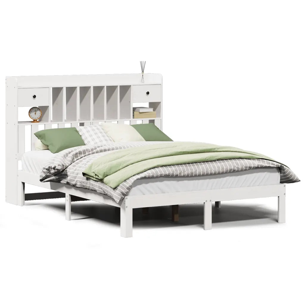 Letto Libreria senza Materasso-Struttura Letto con contenitore Bianco 135x190 cm Legno di Pino 368481