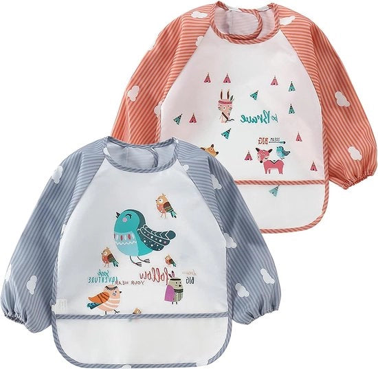 Set di due pantaloni da pittore con maniche lunghe impermeabili per bambini e bambine con stampa animata, da 0 a 3 anni.