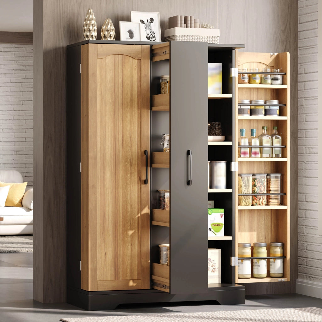 Credenza e madia con 2 ante, 4 ripiani e vani porta spezie, stile moderno, per cucina, in MDF, nero, 120 × 78 × 35 cm