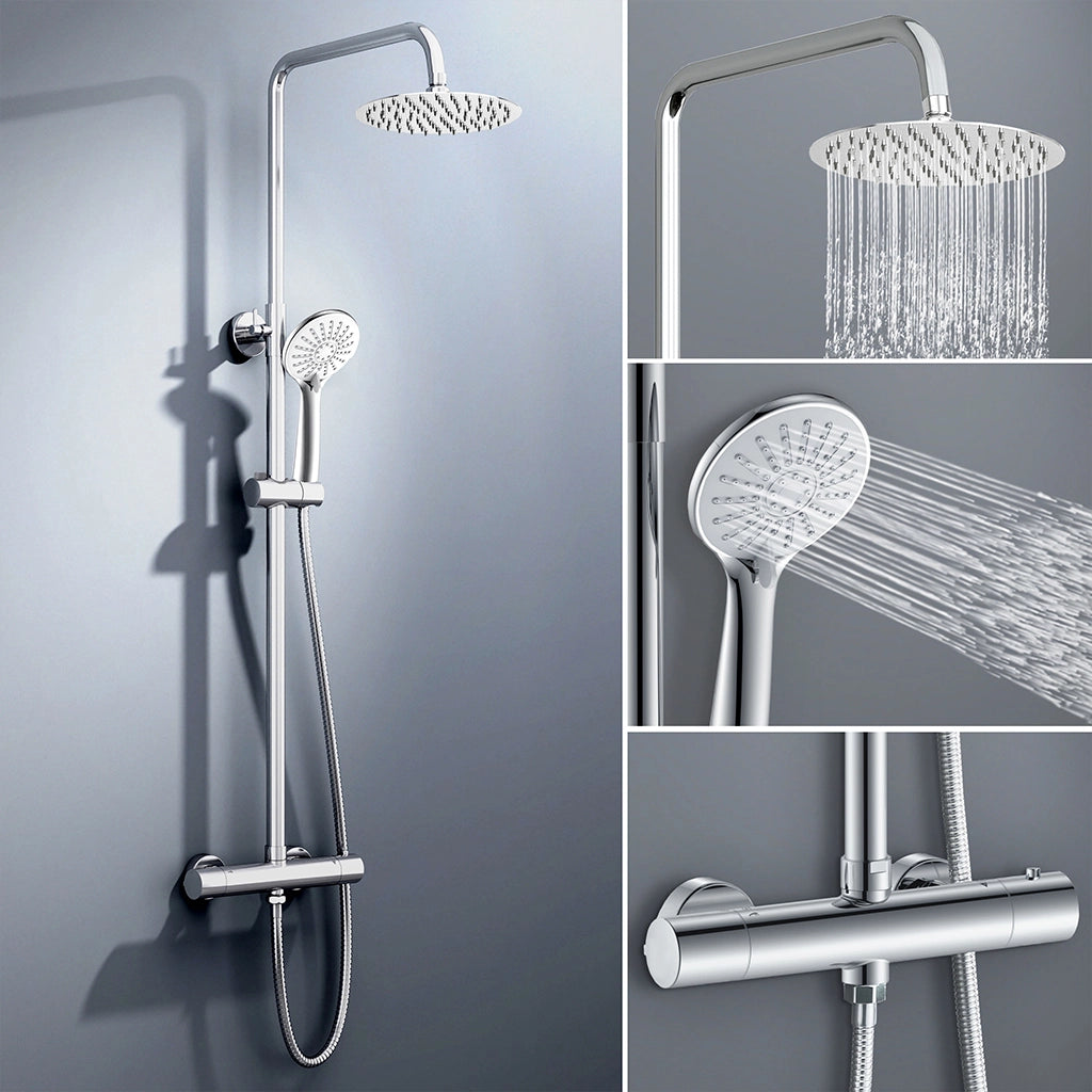 colonna doccia rotonda completo di miscelatore termostatico cilindro, soffione rotondo 20x20cm, cromo