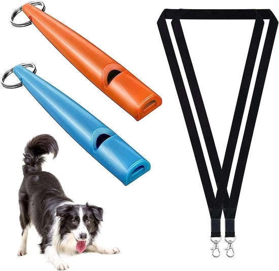 Pacco di ritorno per flauto per cani 2 pezzi con cinghia di flauto gratuita - frequenza regolabile, alta e ampia gamma per una formazione efficace del cane - blu/arancione
