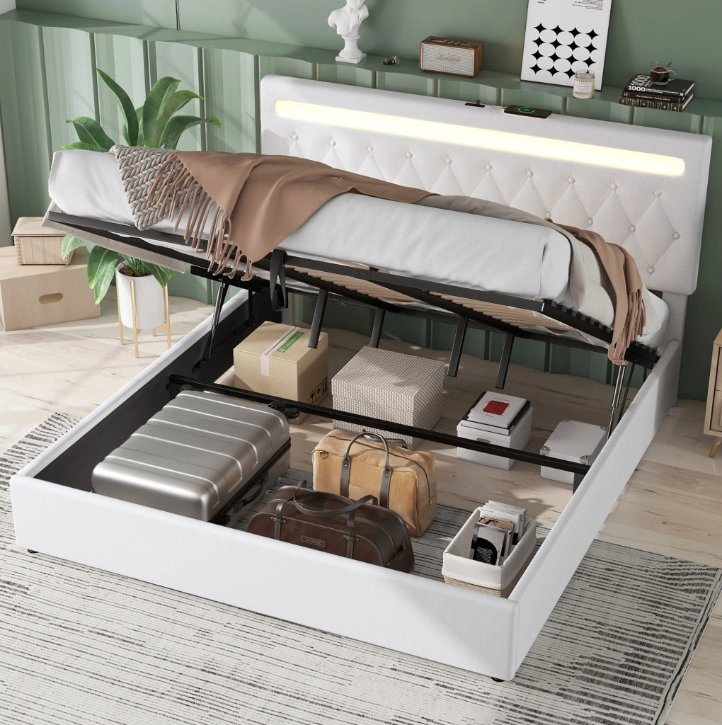Letto imbottito 180x200 cm con contenitore idraulico; LED controllabile via app e USB; bianco