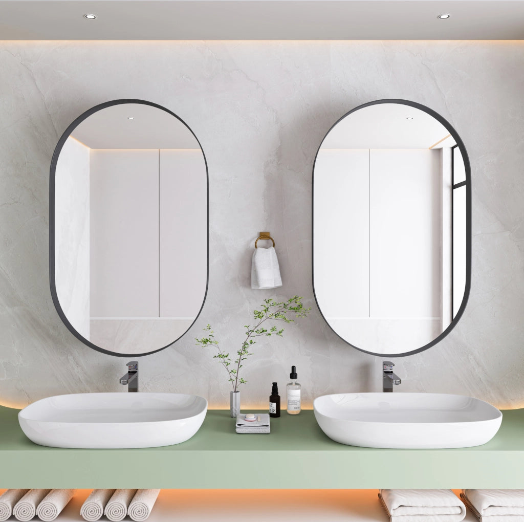 Mobile bagno ovale incassato con specchio, struttura metallica nera e ripiani regolabili