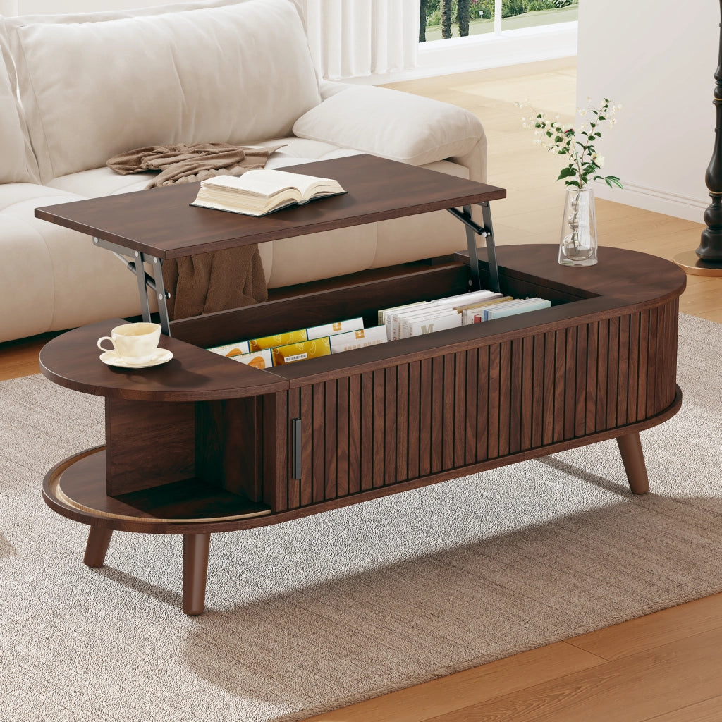 Tavolino basso sollevabile con vano contenitore nascosto e 4 vani, per soggiorno, in MDF, noce, 120 × 50 × 39,5 cm