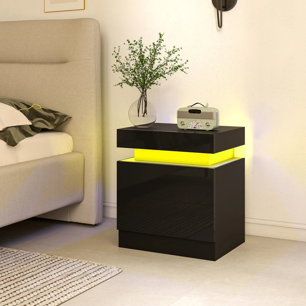Set 2 Comodini 45x35x52 cm LED a 16 Colori e 4 Modalità con 2 Cassetti in Legno Nero