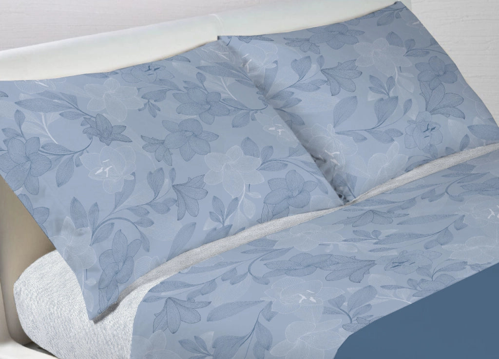 Completo Lenzuola Letto In 100% Cotone Made Italy Disegno Lily - Singolo - Blu
