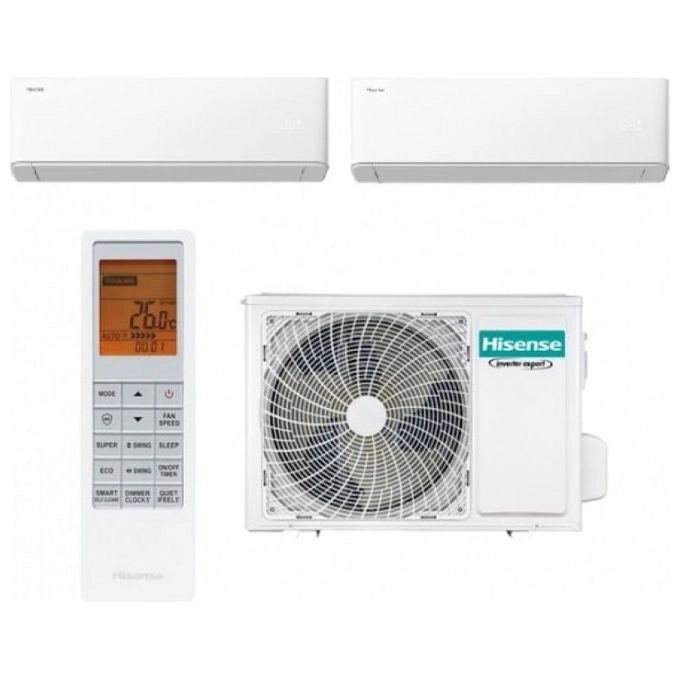 Hisense condizionatore dual split inverter 12000 + 12000 btu, classe A++-A++, wifi integrato, gas R32, pompa di calore, Uni Air